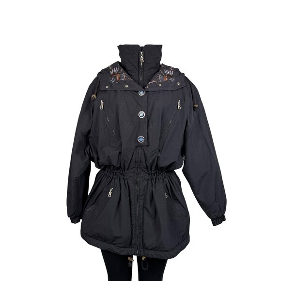 Bogner Womens Black Nylon Embroidered Hooded Jacket Stylish Winter Coat Size 12 - Picture 1 of 16